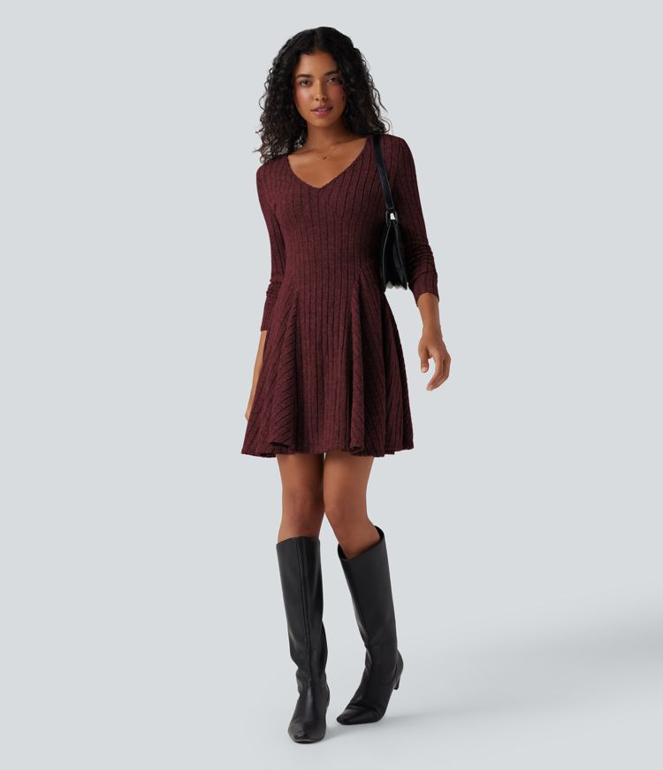 Ribbed Knit V Neck Long Sleeve Flare Mini Casual Dress