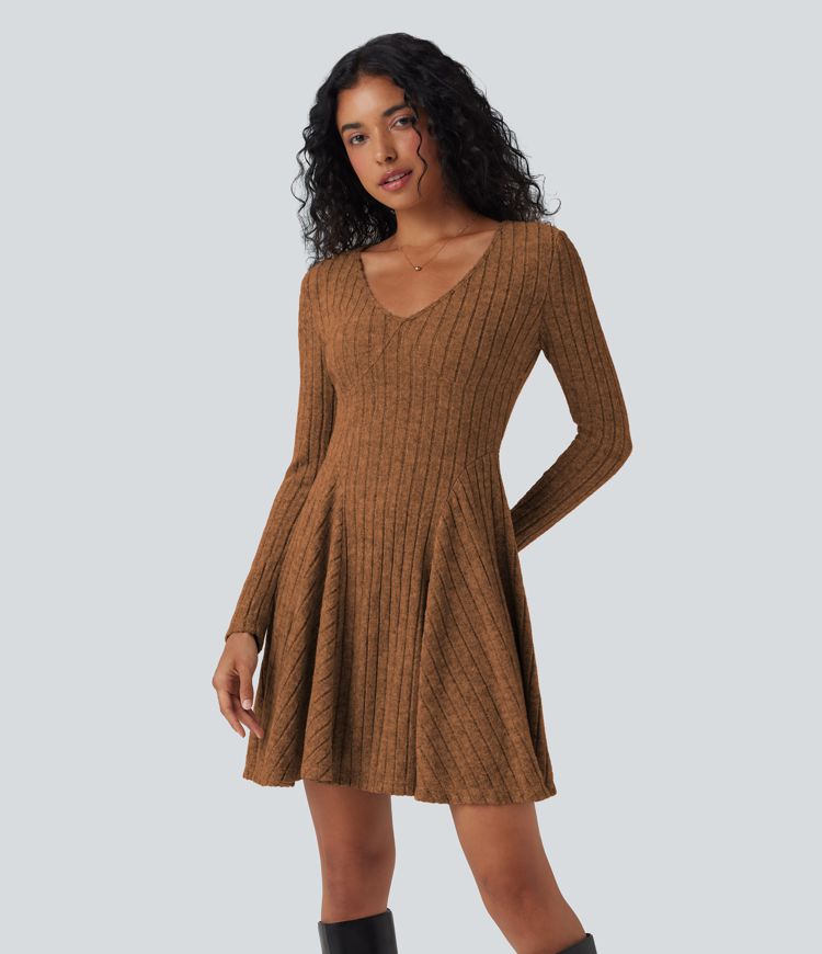 Ribbed Knit V Neck Long Sleeve Flare Mini Casual Dress