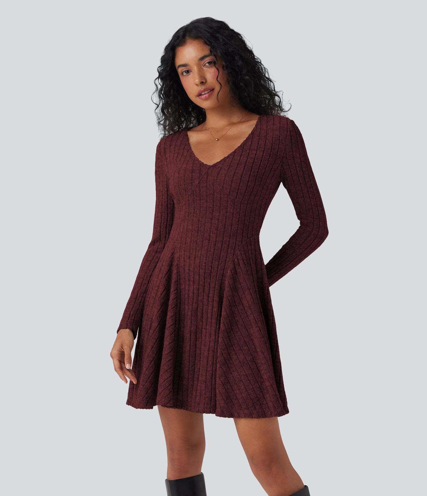 Ribbed Knit V Neck Long Sleeve Flare Mini Casual Dress