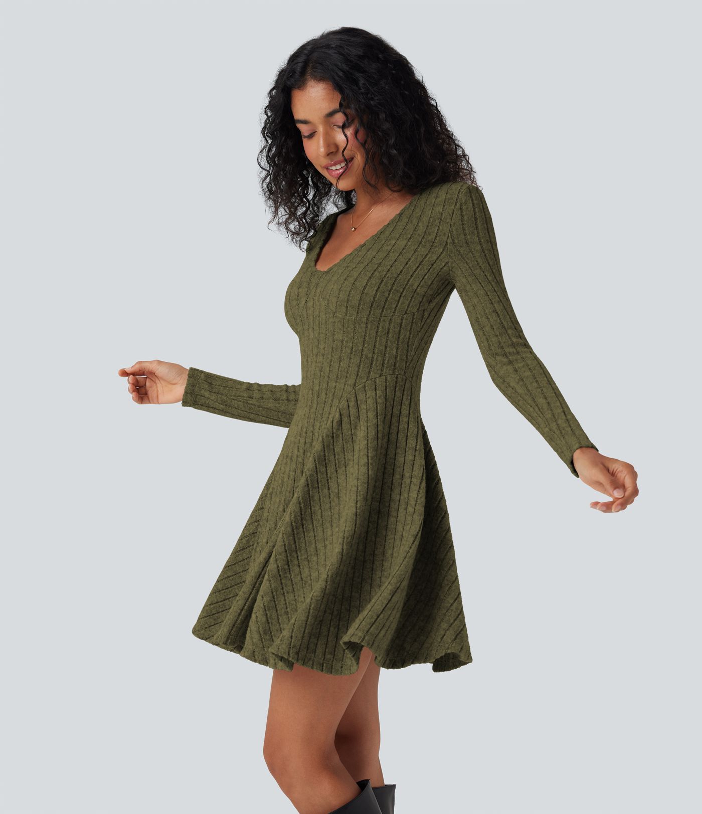 Ribbed Knit V Neck Long Sleeve Flare Mini Casual Dress
