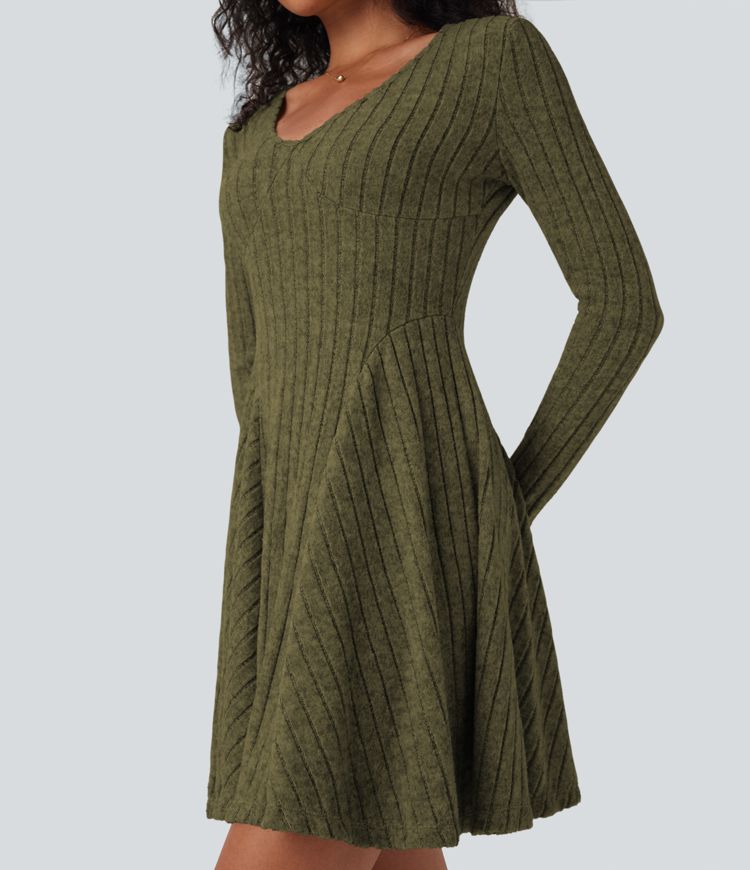 Ribbed Knit V Neck Long Sleeve Flare Mini Casual Dress