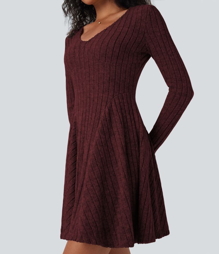 Ribbed Knit V Neck Long Sleeve Flare Mini Casual Dress