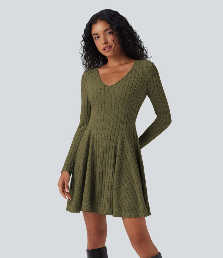 Ribbed Knit V Neck Long Sleeve Flare Mini Casual Dress