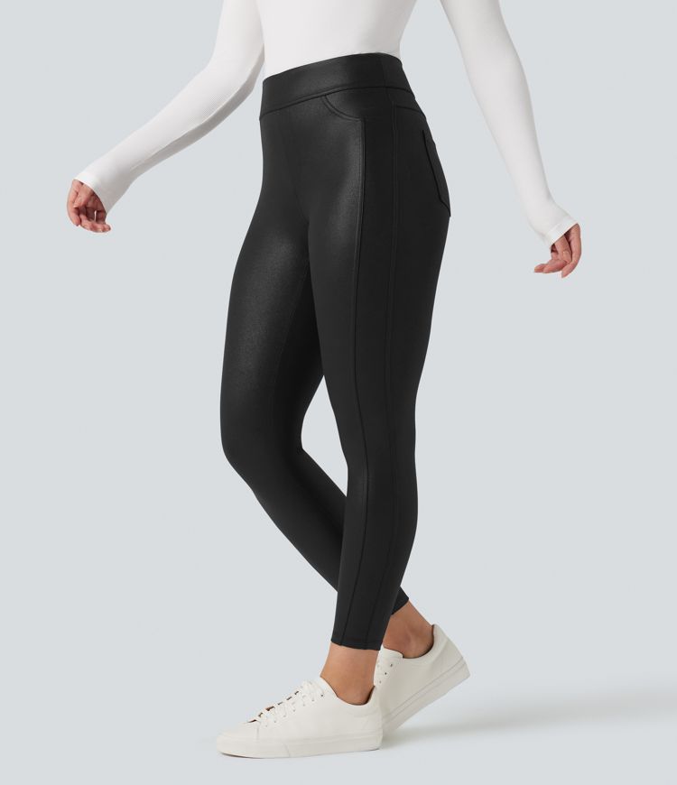 Faux Leather Shine High Waisted Casual Leggings with Pockets