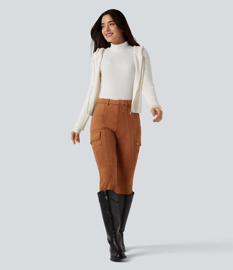 High Waisted Suede Equestrian Cargo Pants with Pockets