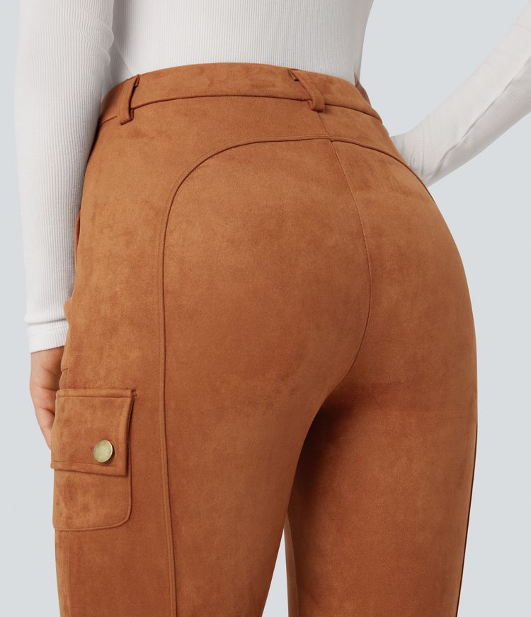 High Waisted Suede Equestrian Cargo Pants with Pockets