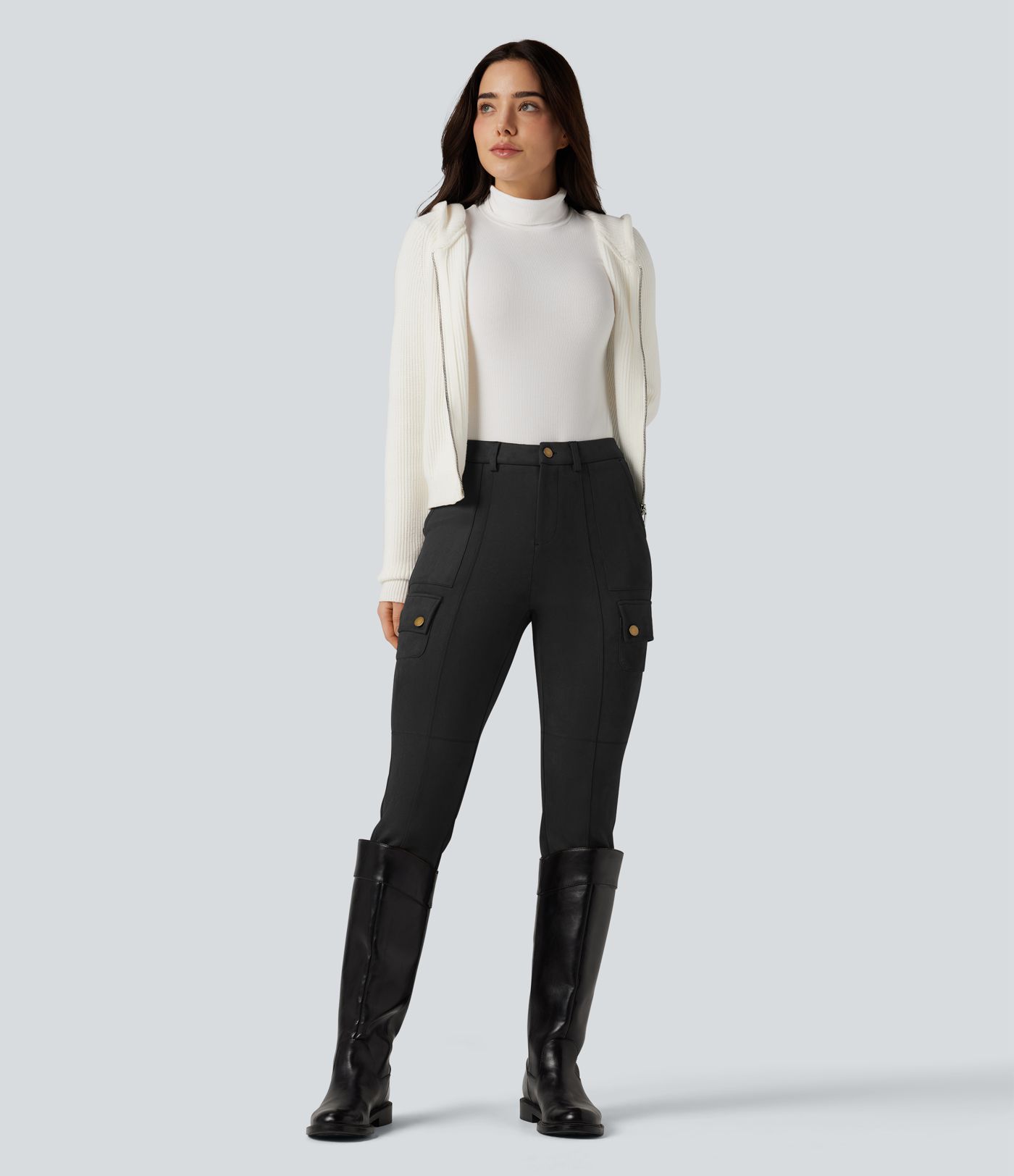 Pantalon cargo équestre en suède, taille haute, avec poches