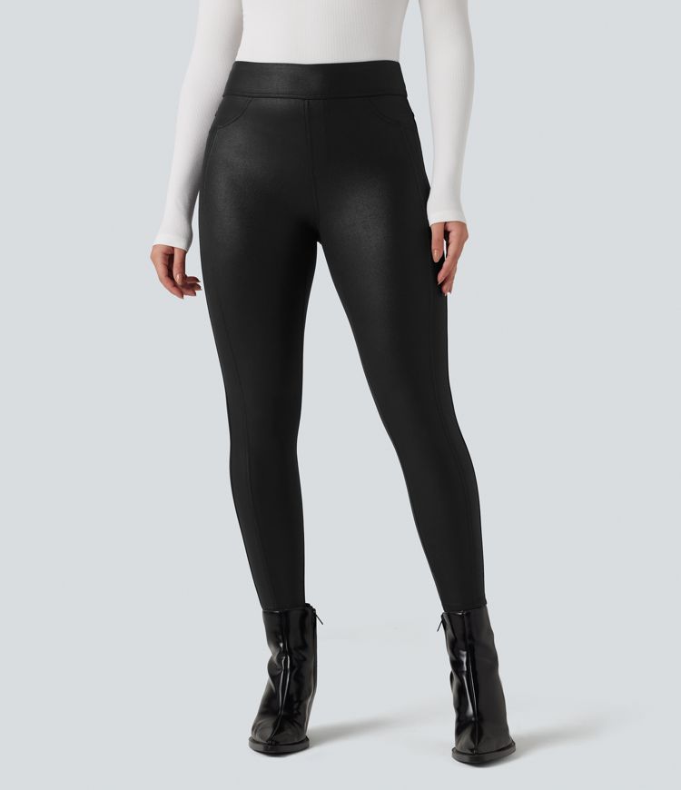 Faux Leather Shine High Waisted Casual Leggings with Pockets