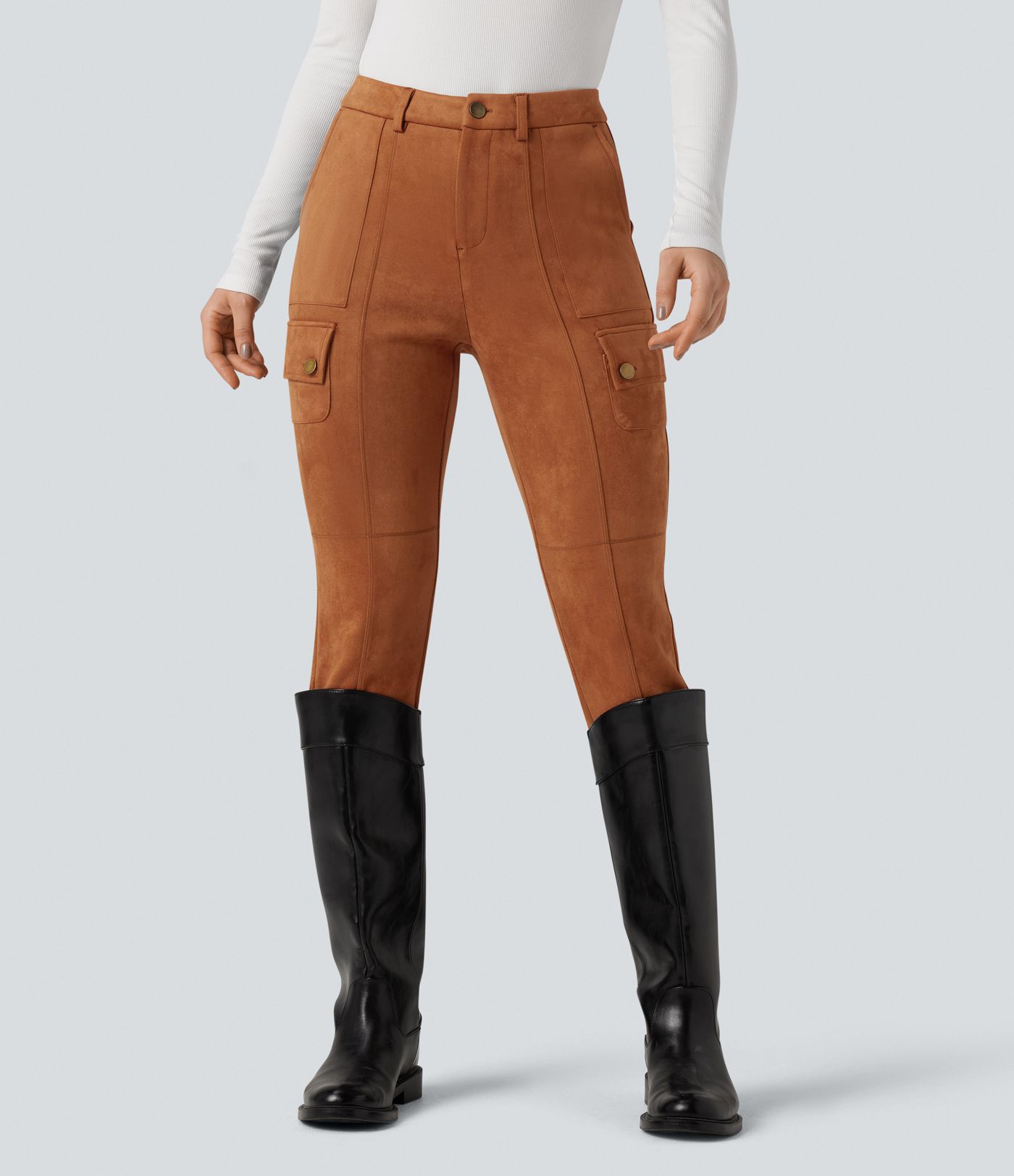High Waisted Suede Equestrian Cargo Pants with Pockets