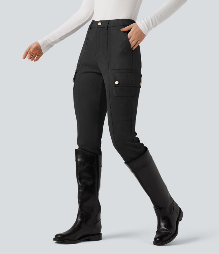 High Waisted Suede Equestrian Cargo Pants with Pockets