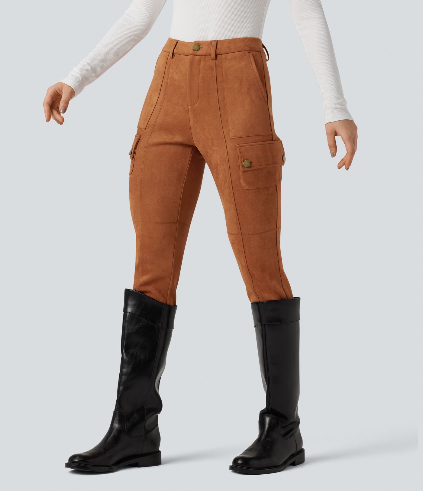 High Waisted Suede Equestrian Cargo Pants with Pockets