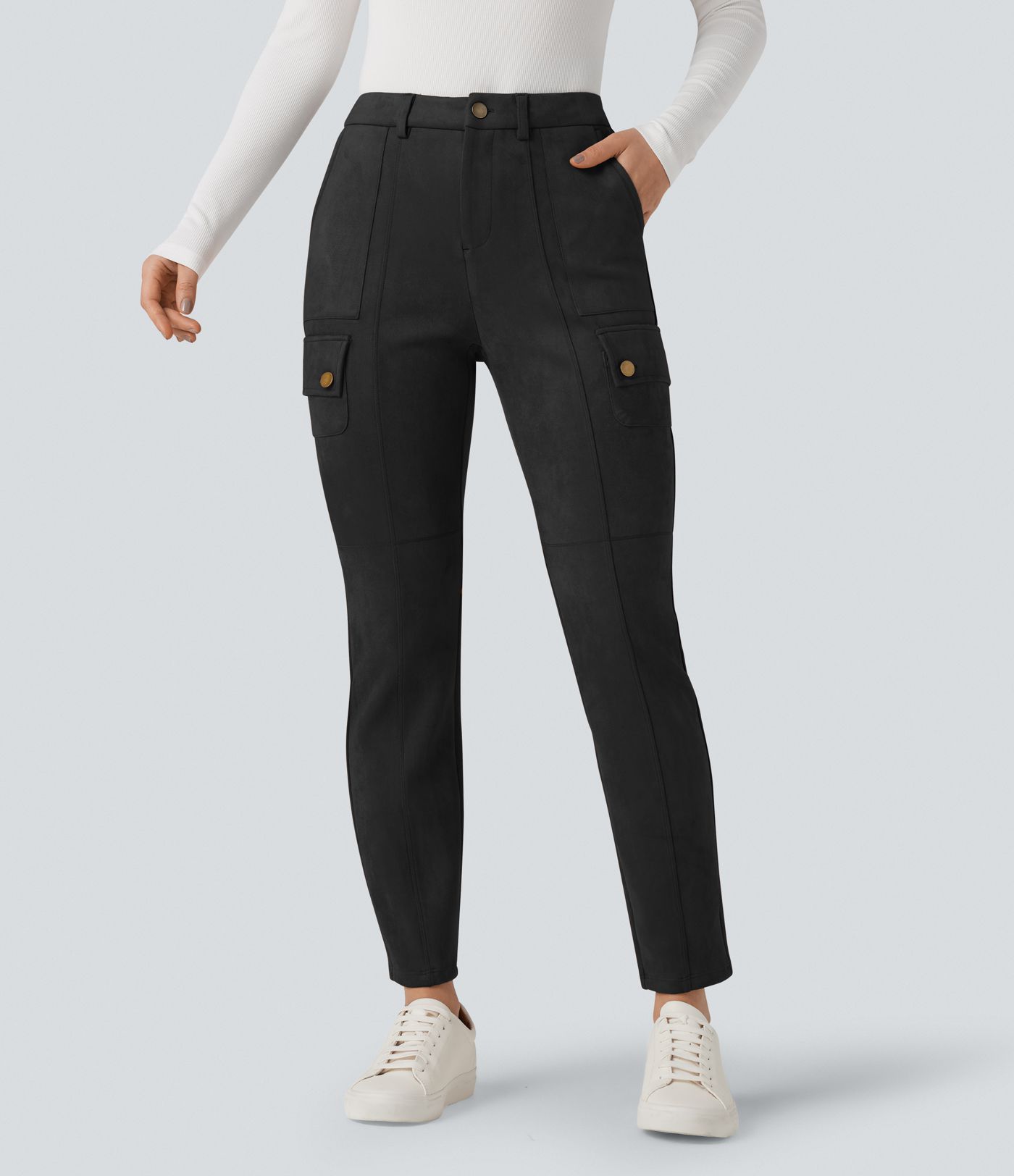Pantalon cargo équestre en suède, taille haute, avec poches