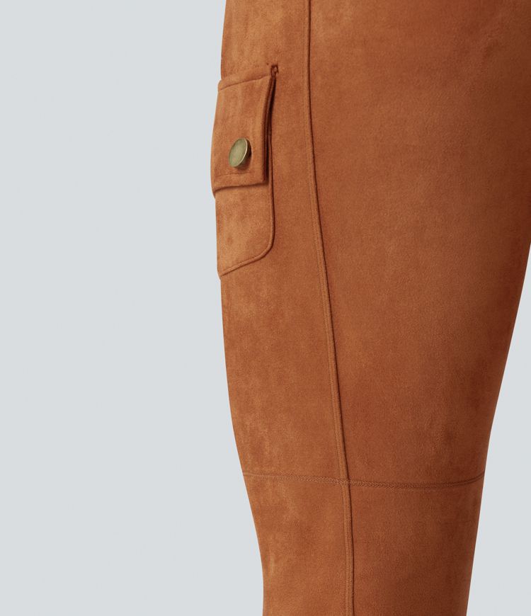 High Waisted Suede Equestrian Cargo Pants with Pockets
