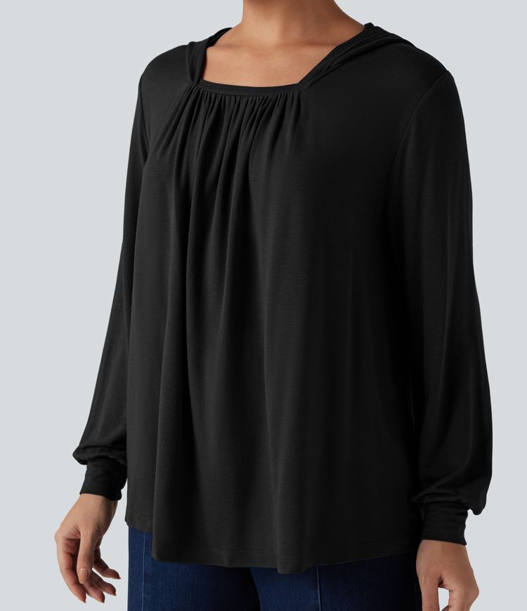 Hooded Square Neck Long Sleeve Casual Sweatshirt