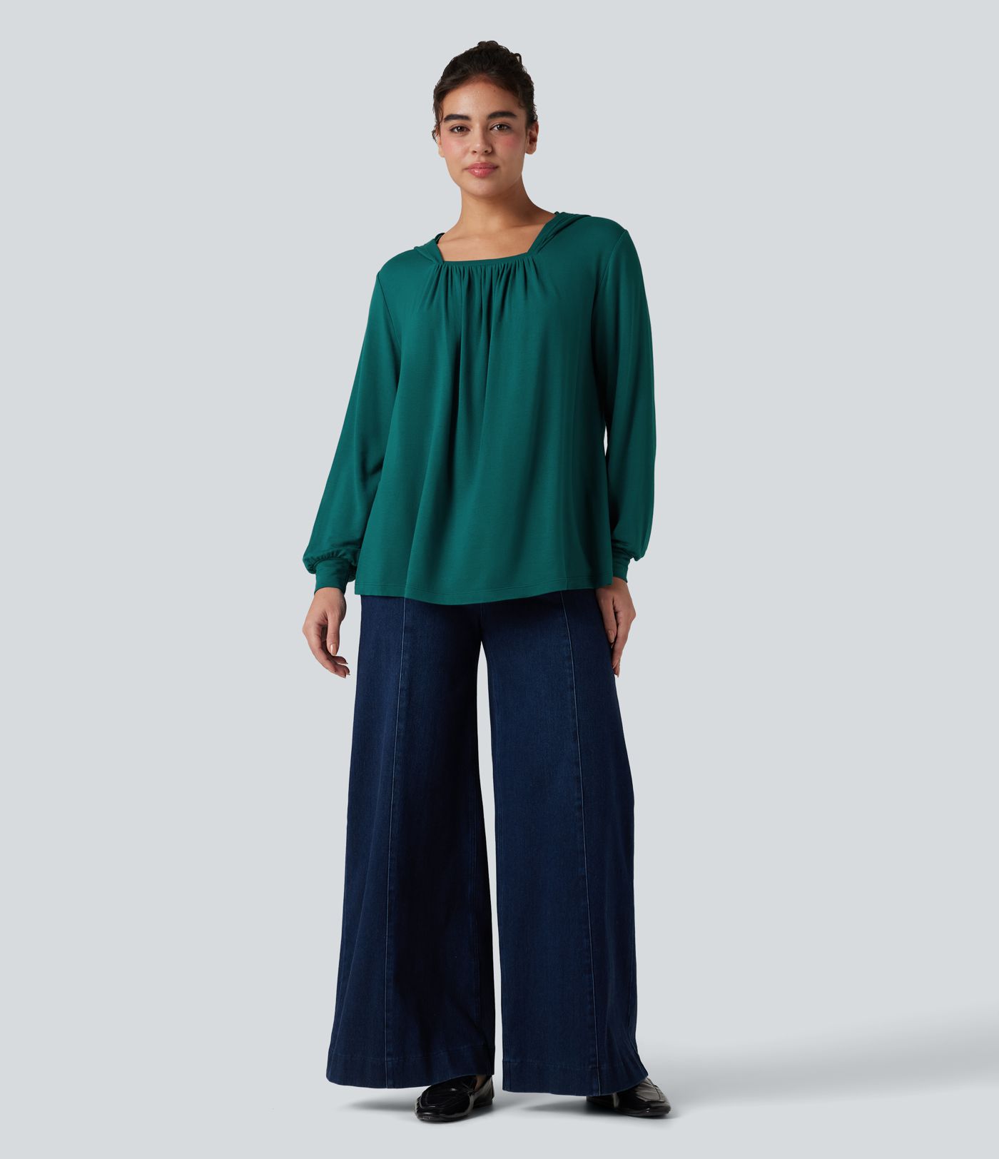 Hooded Square Neck Long Sleeve Casual Sweatshirt