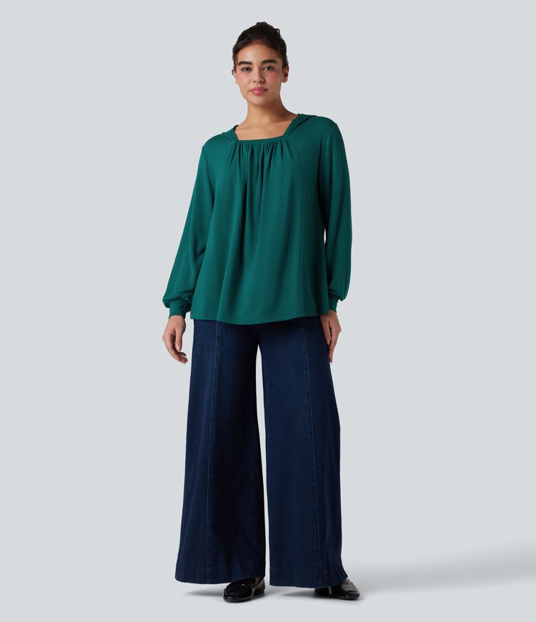 Hooded Square Neck Long Sleeve Casual Sweatshirt