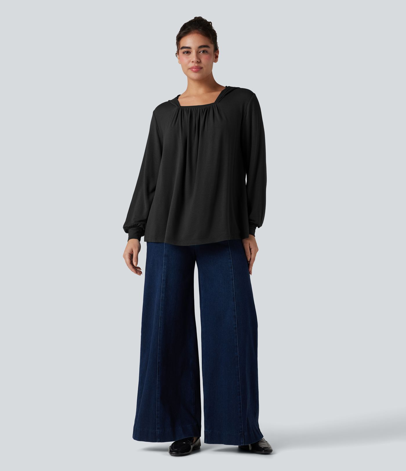 Hooded Square Neck Long Sleeve Casual Sweatshirt