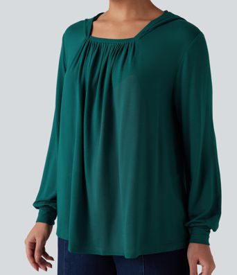 Hooded Square Neck Long Sleeve Casual Sweatshirt