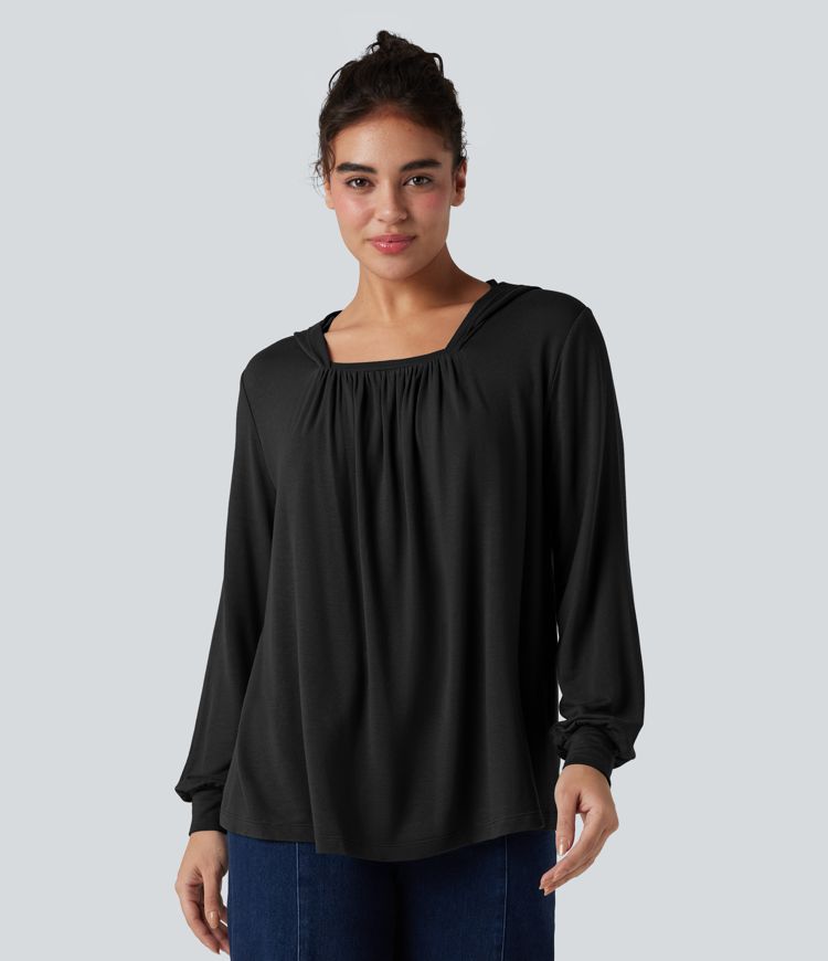 Hooded Square Neck Long Sleeve Casual Sweatshirt