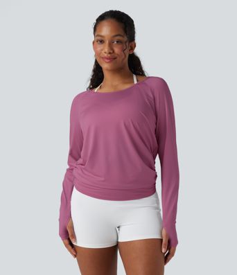 Cut-out Back Thumb Hole Ruched Relaxed Yoga Sports Top