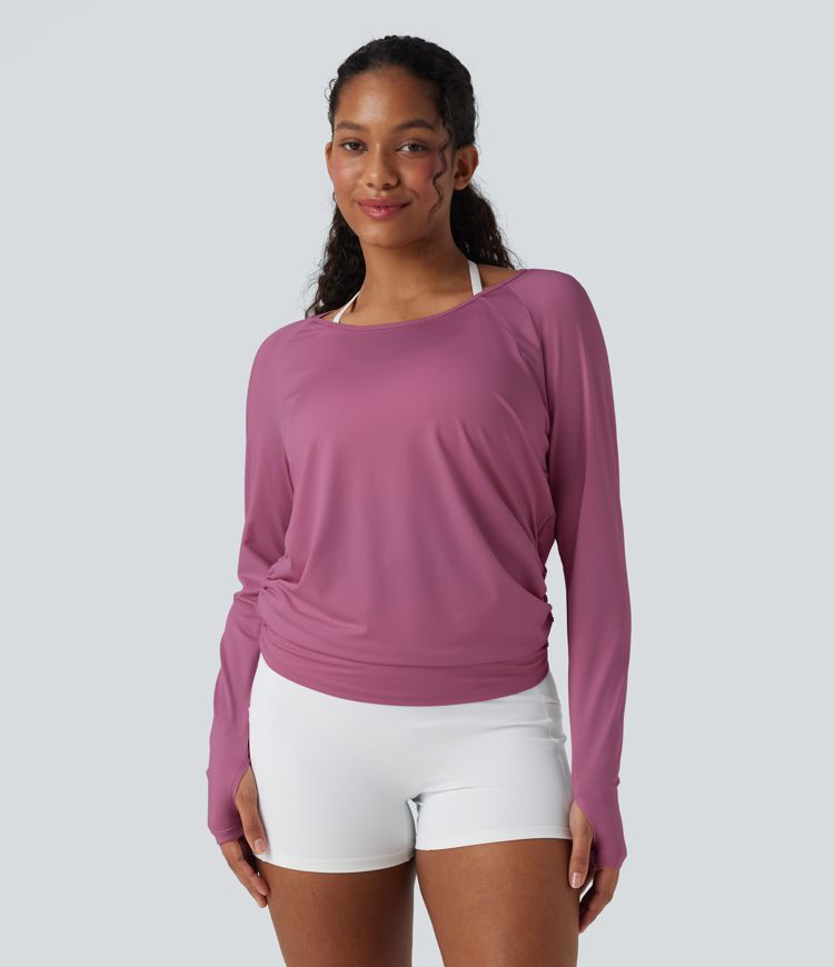 Cut-out Back Thumb Hole Ruched Relaxed Yoga Sports Top