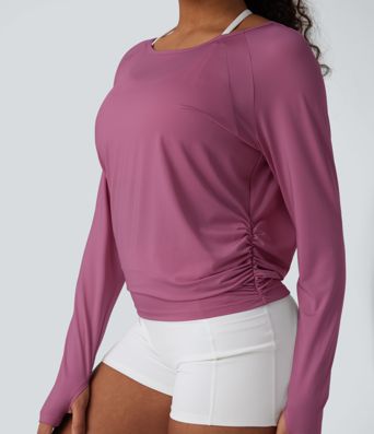 Cut-out Back Thumb Hole Ruched Relaxed Yoga Sports Top