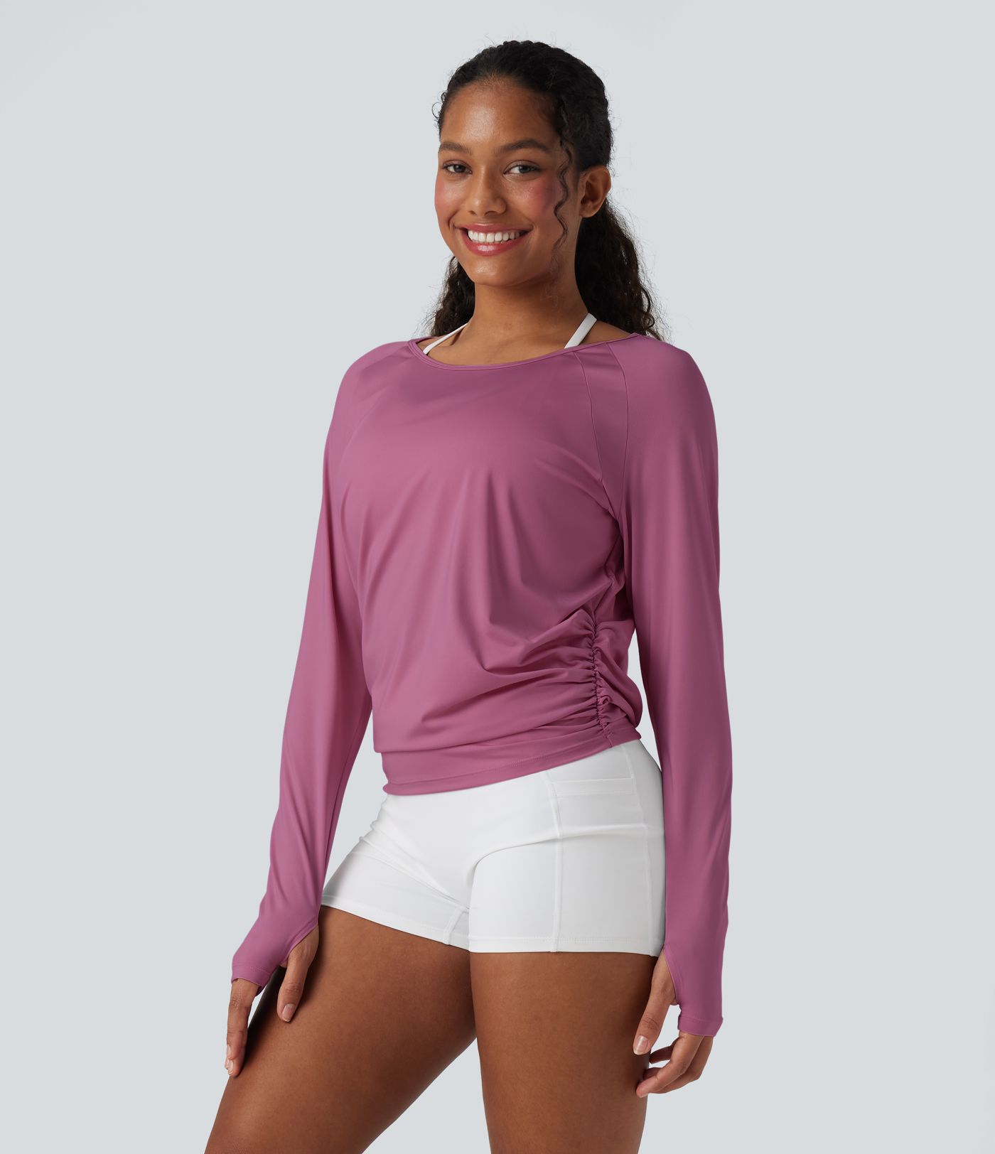 Cut-out Back Thumb Hole Ruched Relaxed Yoga Sports Top