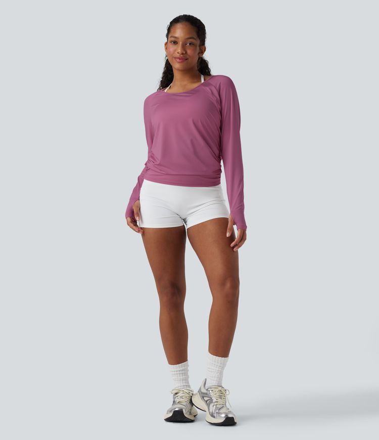 Cut-out Back Thumb Hole Ruched Relaxed Yoga Sports Top