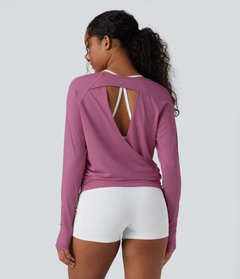 Cut-out Back Thumb Hole Ruched Relaxed Yoga Sports Top