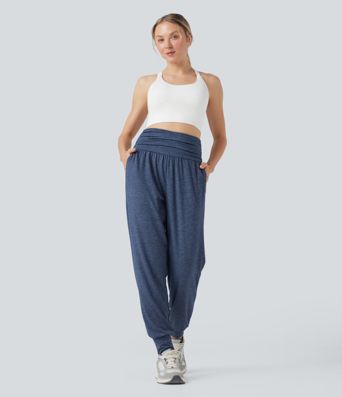High Waisted Ruched Heathered Yoga Joggers with Pockets