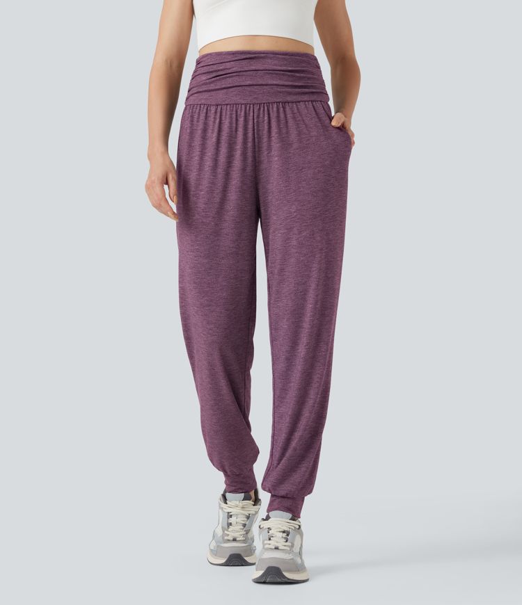High Waisted Ruched Heathered Yoga Joggers with Pockets