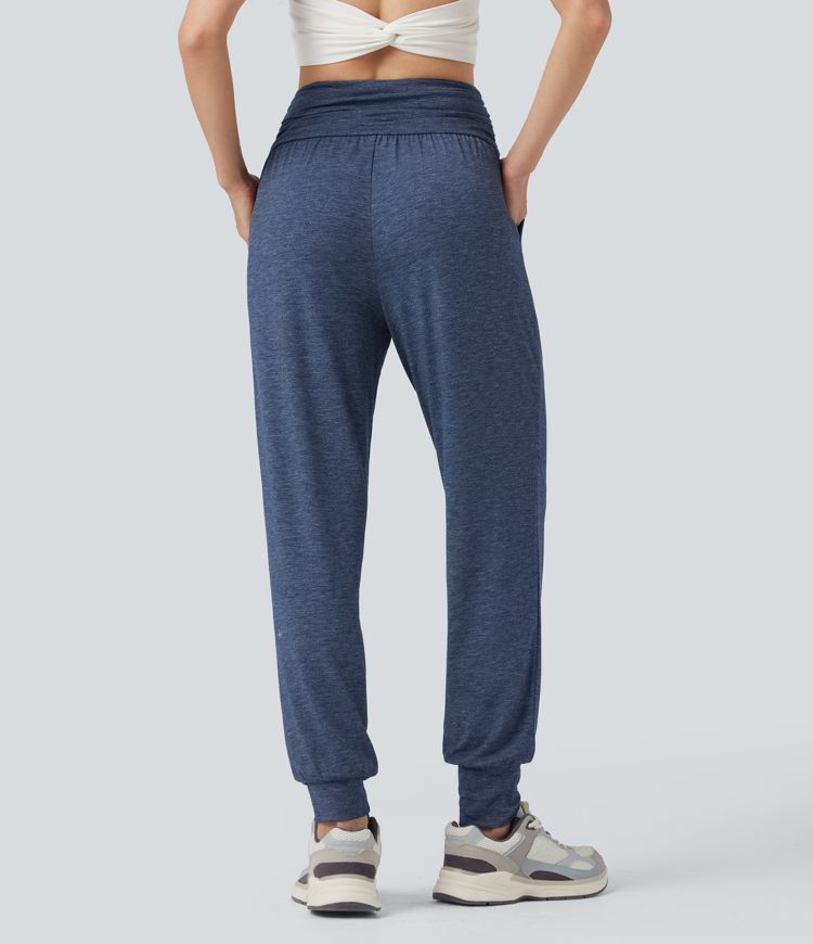 High Waisted Ruched Heathered Yoga Joggers with Pockets