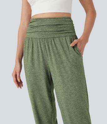 Hohe Taille Geraffte Melierte Yoga-Jogginghose mit Taschen