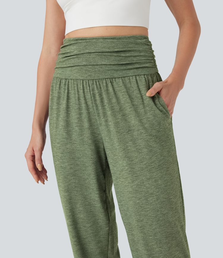 Hohe Taille Geraffte Melierte Yoga-Jogginghose mit Taschen