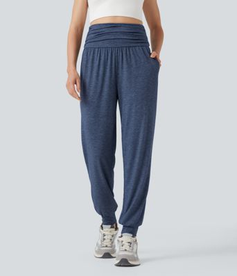 High Waisted Ruched Heathered Yoga Joggers with Pockets