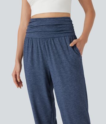 High Waisted Ruched Heathered Yoga Joggers with Pockets