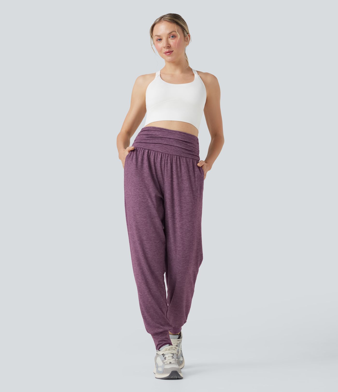 High Waisted Ruched Heathered Yoga Joggers with Pockets