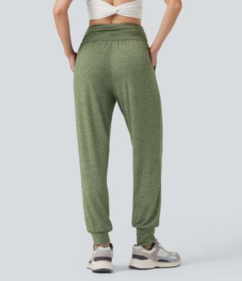 Hohe Taille Geraffte Melierte Yoga-Jogginghose mit Taschen