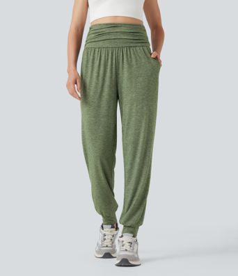 Hohe Taille Geraffte Melierte Yoga-Jogginghose mit Taschen