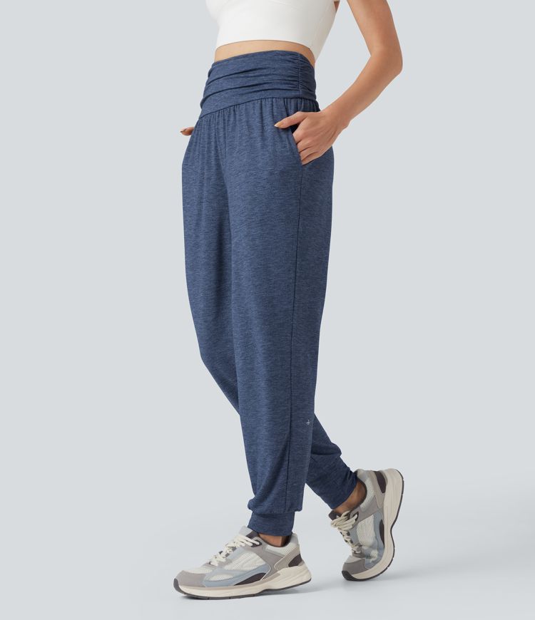 High Waisted Ruched Heathered Yoga Joggers with Pockets