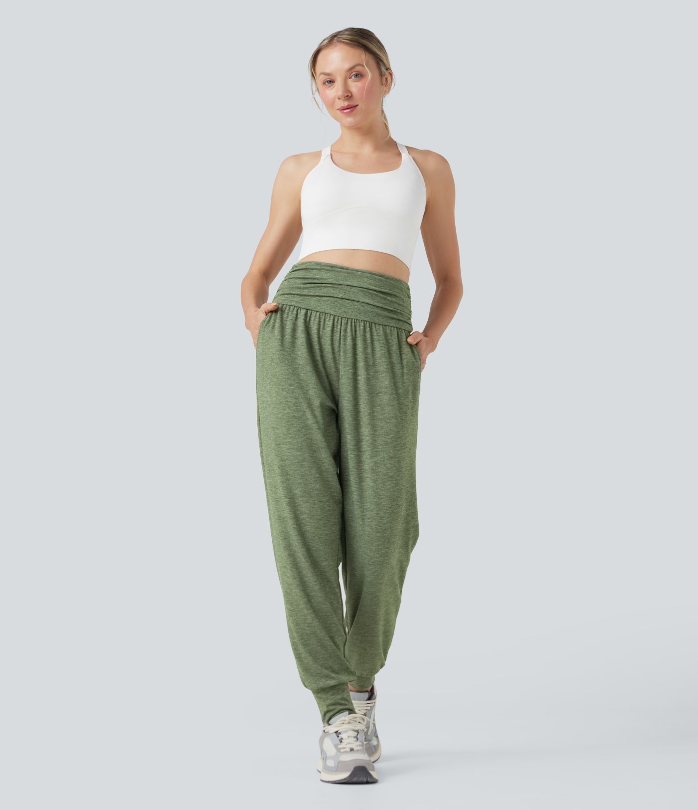 Hohe Taille Geraffte Melierte Yoga-Jogginghose mit Taschen