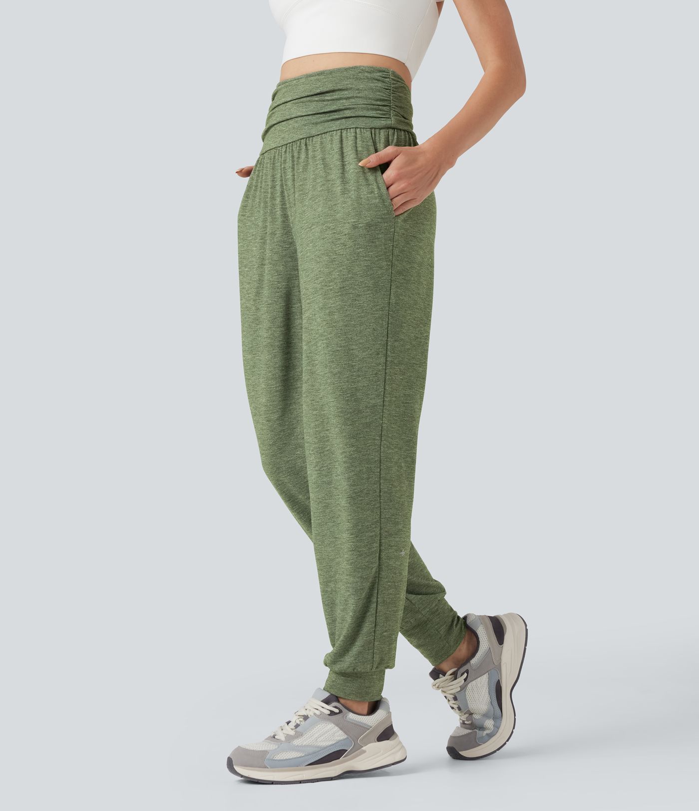 Hohe Taille Geraffte Melierte Yoga-Jogginghose mit Taschen