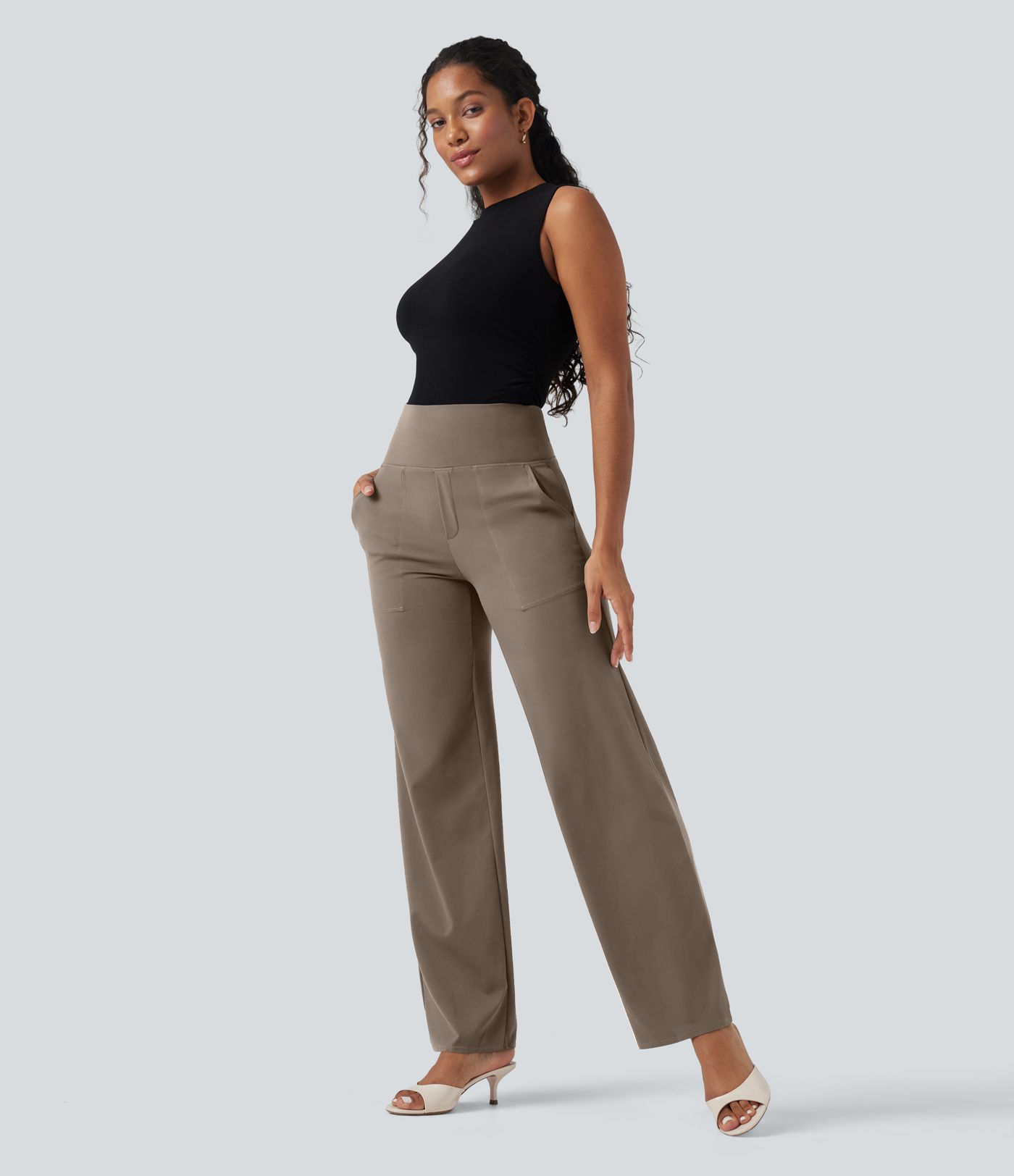 Halara UltraSculpt™ SoCinched Pantalones de trabajo de tiro alto con control abdominal, pierna recta y bolsillos.