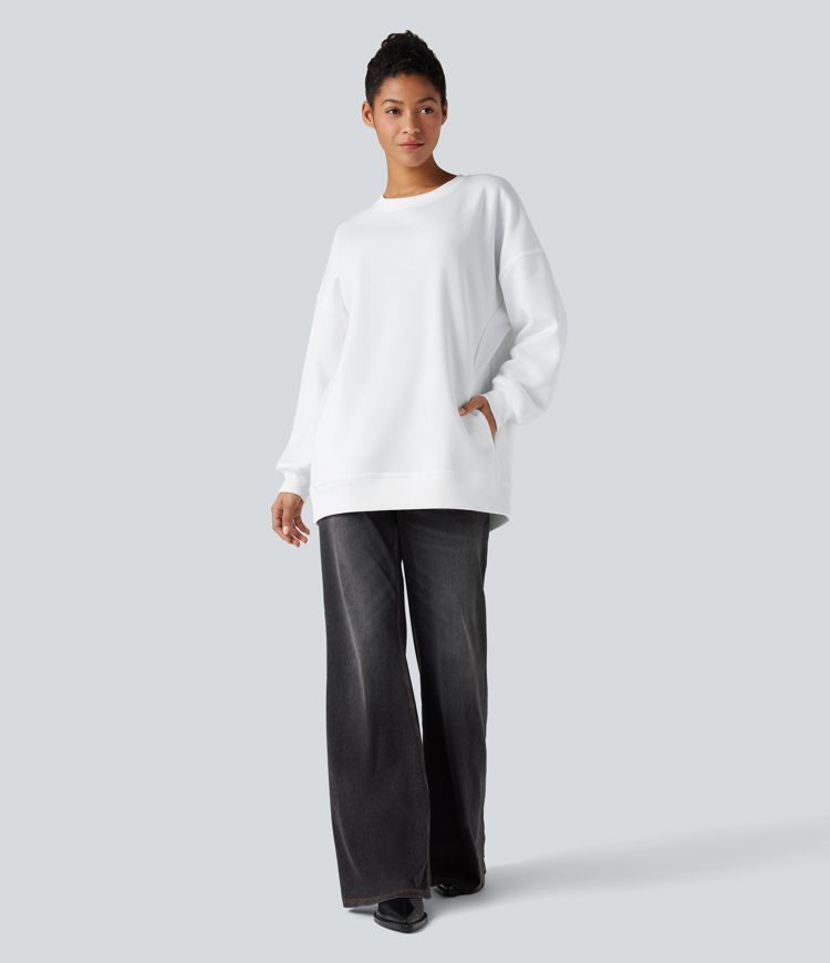Round Neck Long Sleeve Pocket Oversize Fleece Casual Sweatshirt
