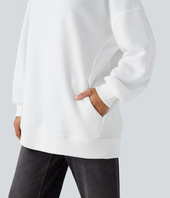 Round Neck Long Sleeve Pocket Oversize Fleece Casual Sweatshirt