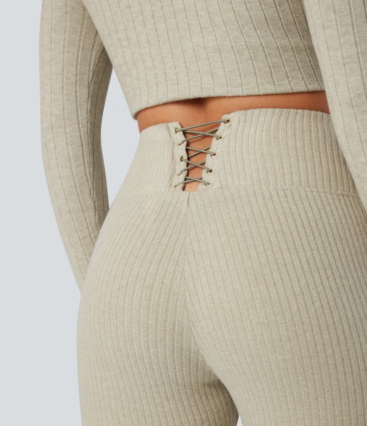 Ribbed Knit High Waisted Crisscross Back Fleece Casual Leggings with Pockets