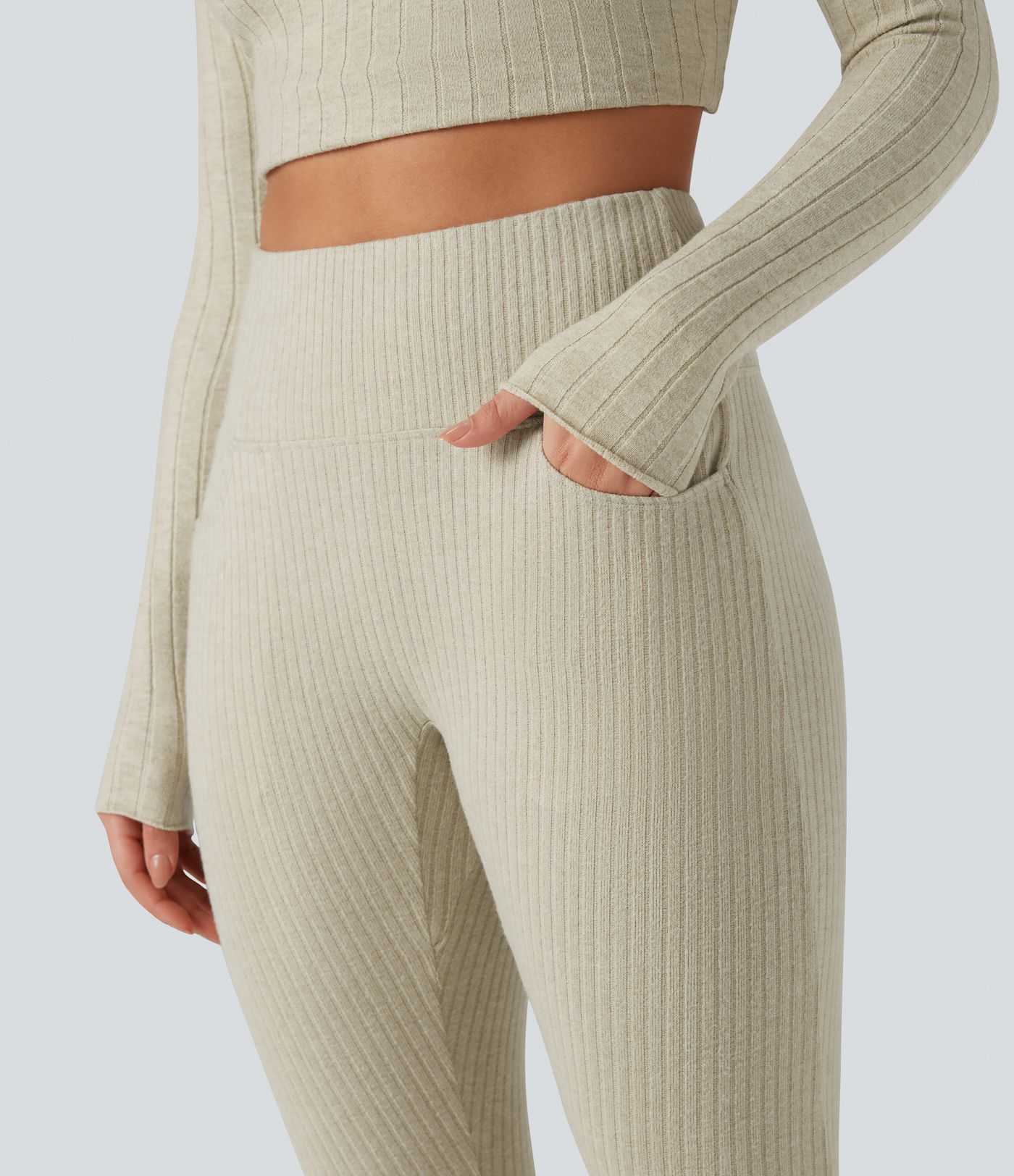 Ribbed Knit High Waisted Crisscross Back Fleece Casual Leggings with Pockets