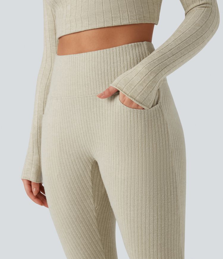 Ribbed Knit High Waisted Crisscross Back Fleece Casual Leggings with Pockets