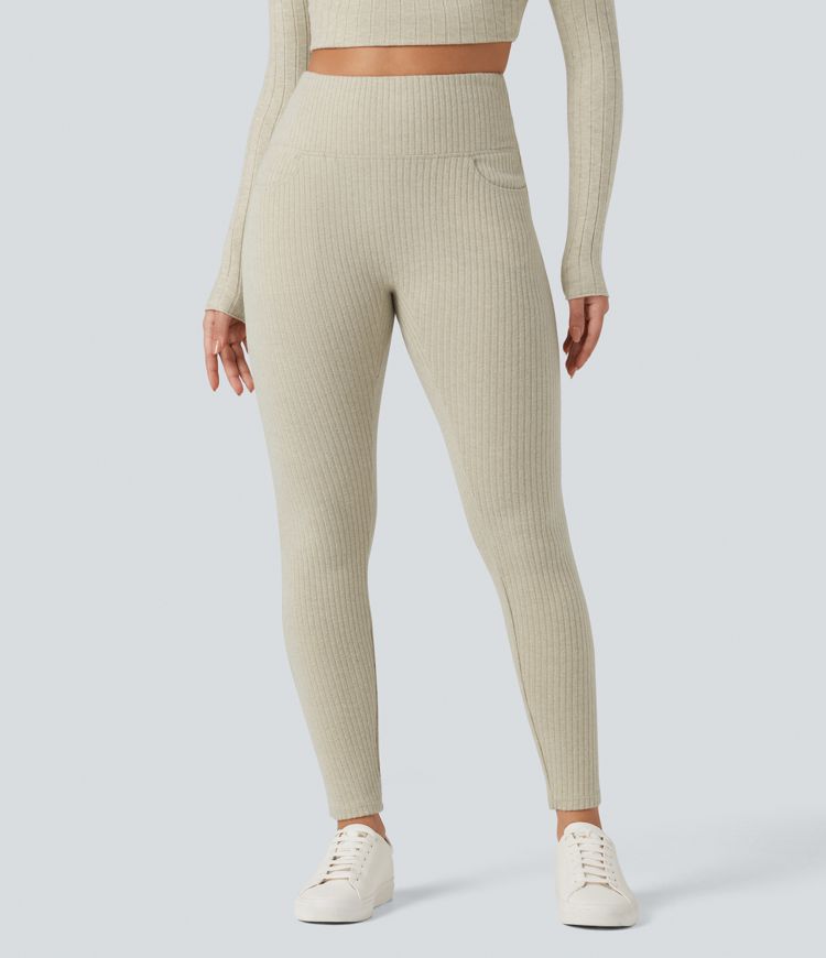 Ribbed Knit High Waisted Crisscross Back Fleece Casual Leggings with Pockets
