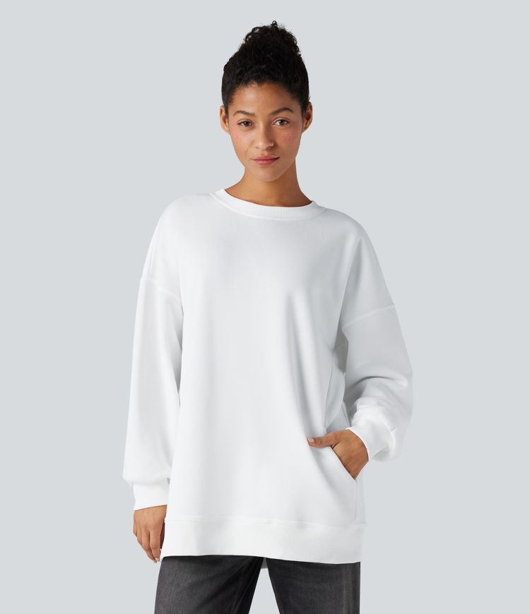Round Neck Long Sleeve Pocket Oversize Fleece Casual Sweatshirt
